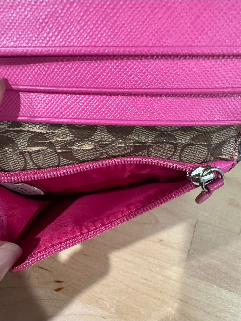 Coach Hot Pink Saffiano Leather Card Case with Silver Logo